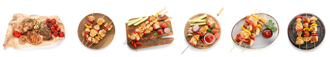 Set of tasty chicken skewers, grilled steaks and vegetables isolated on white, top view