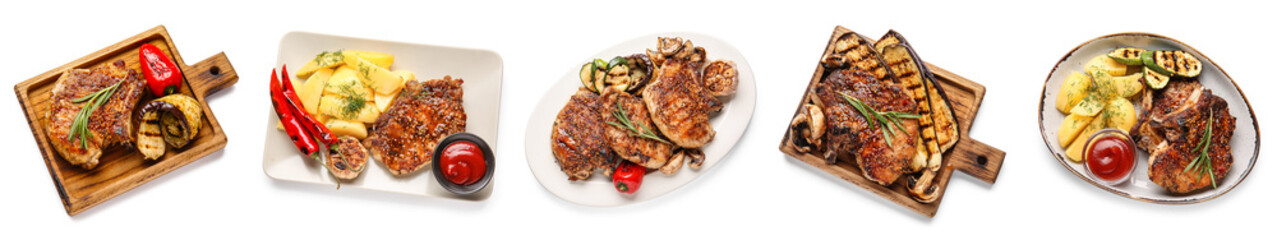 Set of tasty pork steaks and vegetables isolated on white, top view
