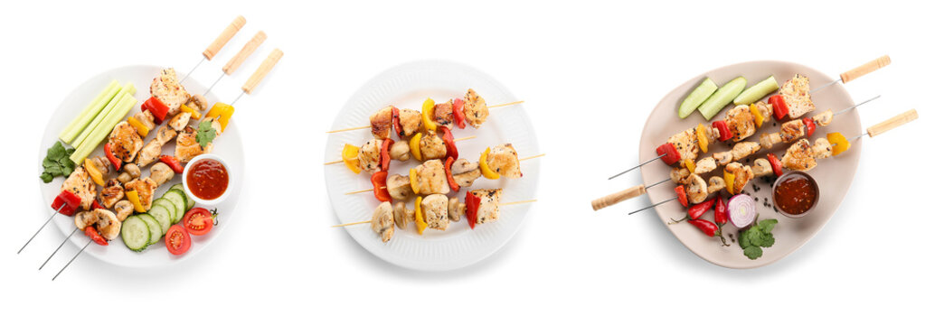 Plates With Tasty Chicken Skewers Isolated On White, Top View