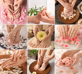 Collage with young women undergoing spa pedicure and manicure treatment in beauty salon