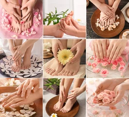 Keuken foto achterwand Collage with young women undergoing spa pedicure and manicure treatment in beauty salon © Pixel-Shot
