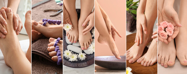 Collage with legs of young women undergoing spa pedicure treatment and having massage in beauty salon