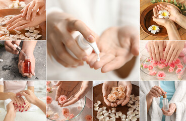 Collage with female hands and natural cosmetics for spa procedures, closeup