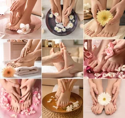 Foto op Plexiglas Collage with legs of young women undergoing spa pedicure treatment in beauty salon © Pixel-Shot
