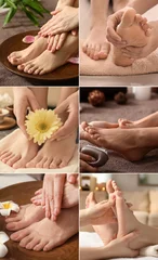 Fotobehang Collage with legs of young women undergoing spa pedicure treatment and having massage in beauty salon © Pixel-Shot