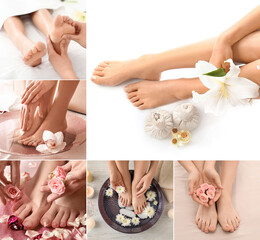 Collage with legs of young women undergoing spa pedicure treatment and having massage in beauty salon