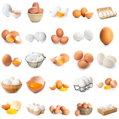 Set of many chicken eggs isolated on white