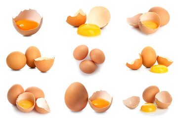 Set of raw whole and broken chicken eggs on white background