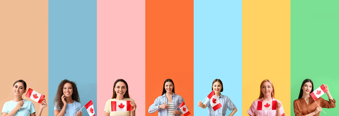 Set of women with flags of Canada on colorful background