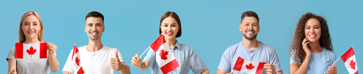 Set of people with flags of Canada on light blue background - obrazy, fototapety, plakaty