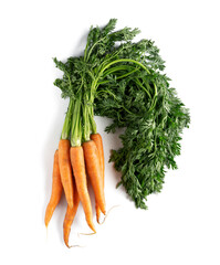 Stacked fresh orange carrots isolated on white background. The root vegetable, which is often considered the perfect health food, is very nutritious and full of fiber and antioxidants.