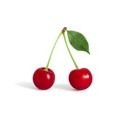 Cherry with green leaf isolated on white background. Red ripe juicy berry with drops.