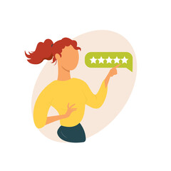 Girl Giving Five Star Feedback. Satisfied client rate service. User, consumer or customer feedback review system concept.