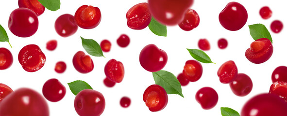 Flying cherry with green leaves isolated on a white background. Falling red berries pattern. Banner. © miss.lemon