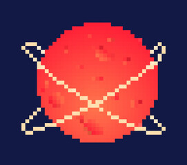 Pixel sun concept. Red planet with two rings. Astrology and astronomy. Space body, galaxies and universe. Retro sticker for social media, element for game development. Cartoon flat vector illustration