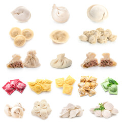 Set of different traditional dumplings on white background