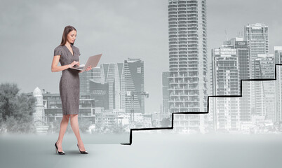 Collage with businesswoman, big city and drawn ladder. Concept of career growth