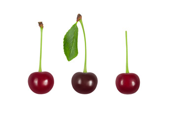 Set of ripe cherries on white background. Cherry isolated. Fresh berries close-up.
