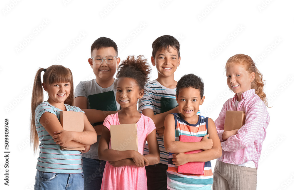 Canvas Prints Little pupils with books on white background