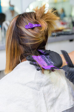 Hairdresser applying purple color on clients hair 
