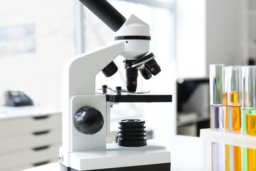 Modern microscope in medical laboratory, closeup