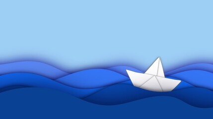 Paper boat on waves simple crisis and leadership concept. Paper cut minimal illustration with white ship on the ocean.