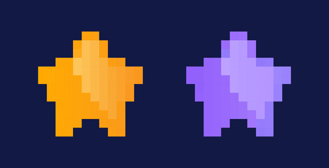 Pixel stars set. Graphic elements for website and stickers for social networks in retro style. Galaxies and universe, cosmic body in space or galaxy. Astronomy. Cartoon flat vector illustration