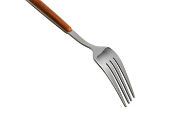 Stylish stainless steel fork on white background, closeup
