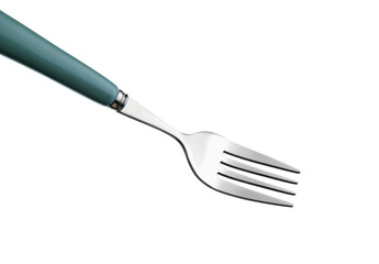 Stylish stainless steel fork on white background, closeup