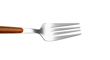 Stylish stainless steel fork on white background, closeup