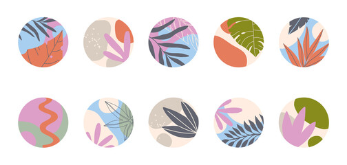 Fototapeta na wymiar Bundle of insta highlights summer tropical covers.Modern vector layouts with hand drawn organic shapes,exotic plants and textures.Abstract summer backgrounds.Trendy design for social media marketing.