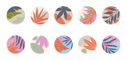Bundle of insta highlights tropical covers.Modern vector layouts with hand drawn organic shapes,exotic plants and textures.Abstract summer backgrounds.Trendy design for social media marketing.