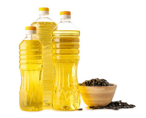 Different bottles of oil and bowl with sunflower seeds on white background