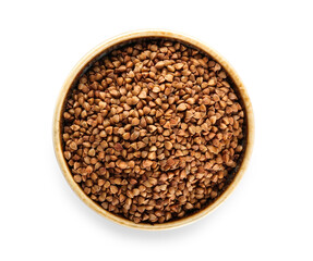 Bowl with buckwheat on white background