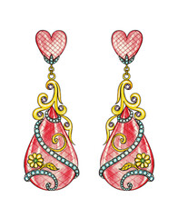 Jewelry design fancy mix vintage art earrings. Hand drawing and painting on paper.