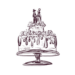Wedding cake with the bride and groom and chocolate, vintage sketch on a white background. Hand-drawn wedding cake in Provence style. Holiday dessert