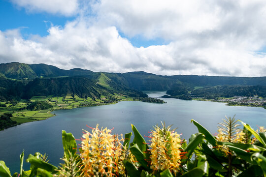 View from the Cumeeiras viewpoint to Sete Cidades Lake - " Lagoa das Sete Cidades ", whit Yellow Flower Hedychium Gardnerianum - "Conteira"defocused, São Miguel Island, Azores.