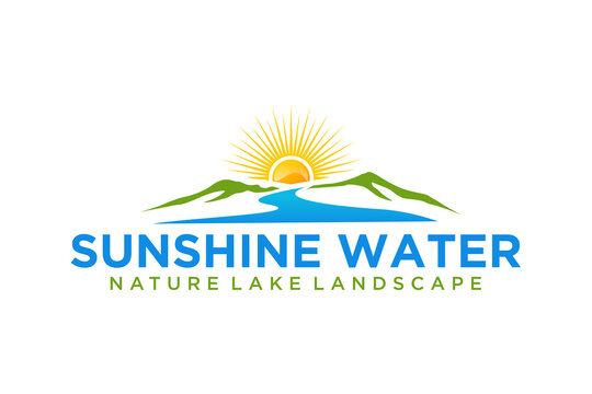 Minimalist Landscape Hills, Mountain Peaks River Creek sunrise Simple logo design Vector 