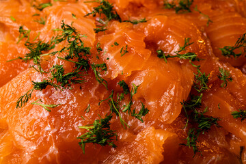 Cured salmon (gravad lax) with dill, a typical dish on a Swedish Christmas table or Smorgasbord (smörgåsbord).
