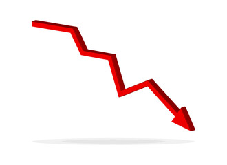 Red 3d arrow going down stock icon on white background. Bankruptcy, financial market crash icon for your web site design, logo, app, UI. graph chart downtrend symbol.chart going down sign.