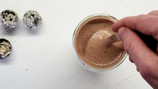 Person Hand Stirring Cup Hot Chocolate. Fresh