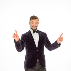 cheerful man in a jacket with a bow tie posing isolated on a light background