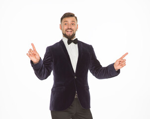 cheerful man in a jacket with a bow tie posing isolated on a light background