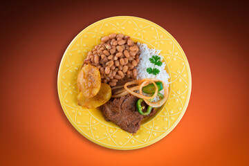 Traditional Brazilian dish. Beans and rice. Top view.