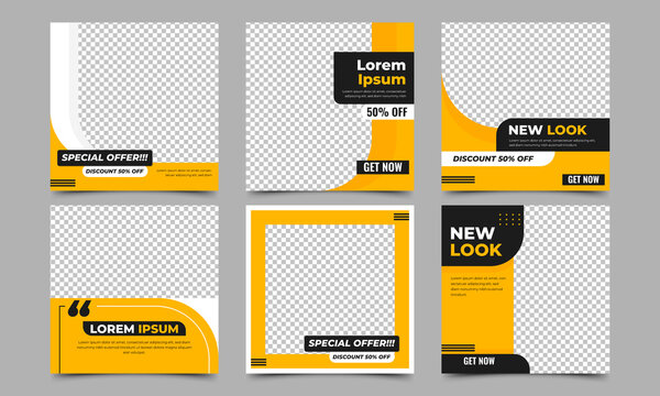 Set of Editable square banner design template. Yellow background with place for the photo. Usable for social media post, and web ads.