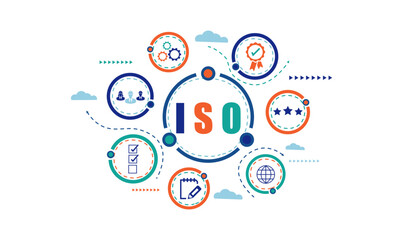ISO standards quality control assurance warranty business technology concept. ISO banner icon concept vector illustrator infographic design. - obrazy, fototapety, plakaty