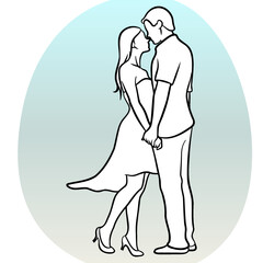 A couple holding together. Line art.	