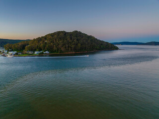 Aerial sunrise waterscape with clear skies