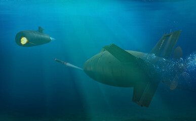 3D rendering submarine firing torpedoes to enemy submarine - obrazy, fototapety, plakaty