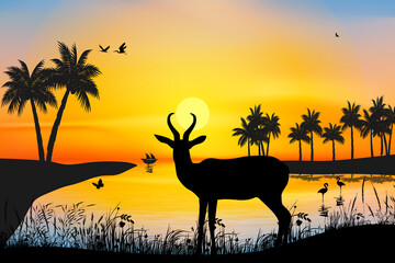 cute deer with sunset silhouette